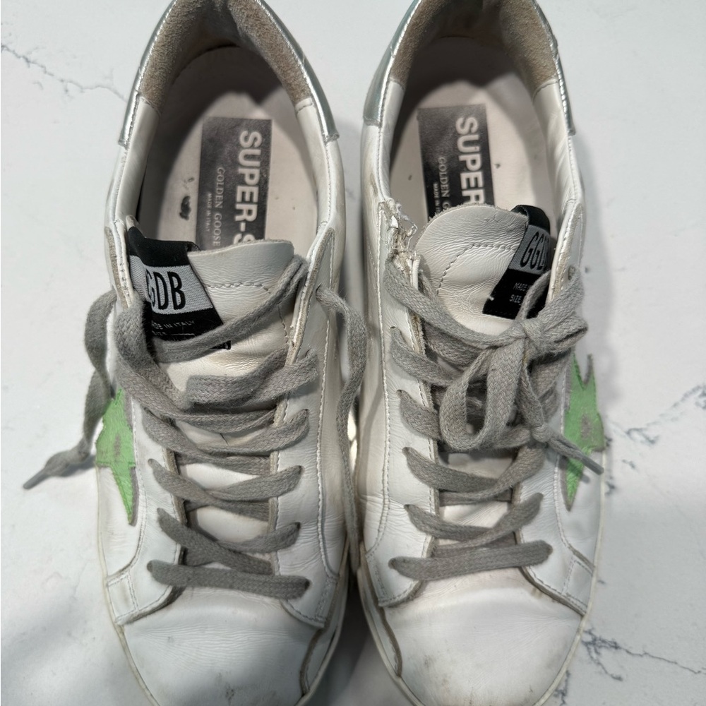 Golden Goose Tennis Shoe - Superstar with Lime Green Star and Silver Heel Tab
